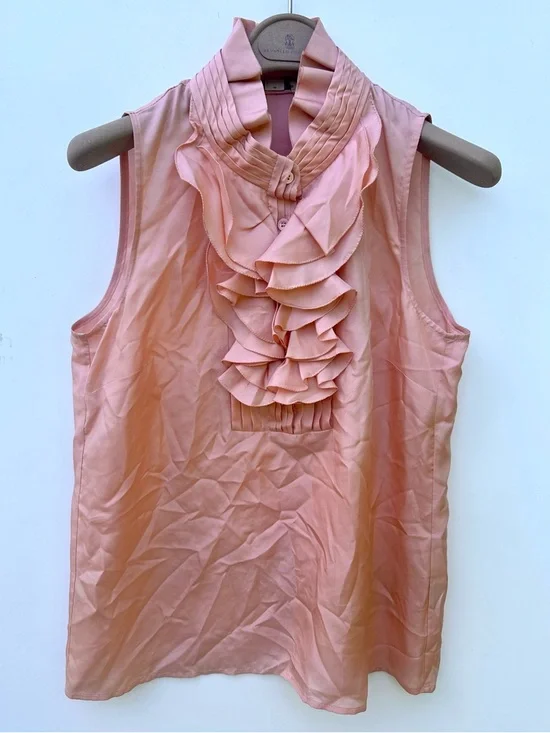 J. Crew 100% Silk Sleeveless Ruffle Front Blouse - Peach Pink, 6 - Picture 2 of 9